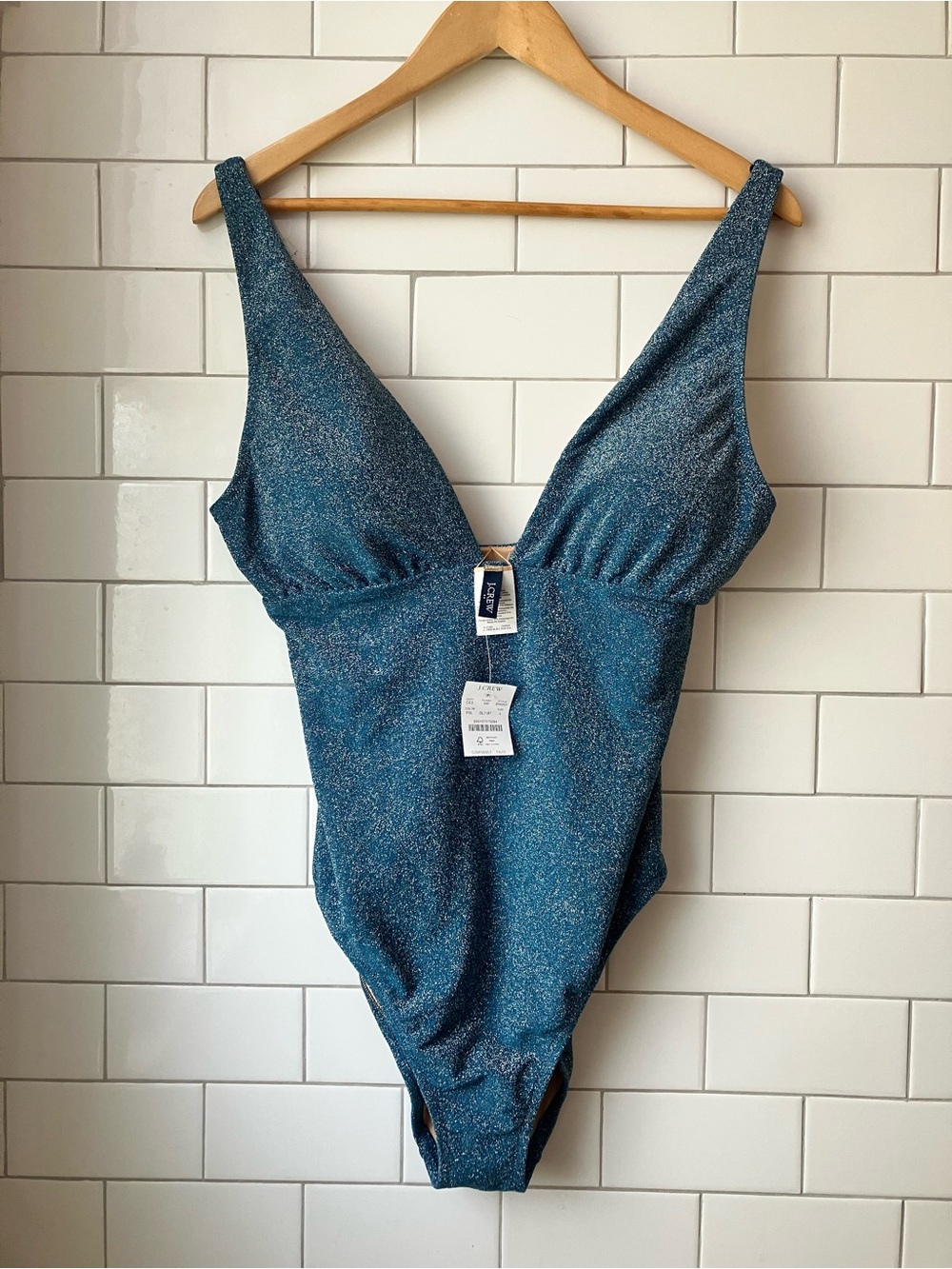 NWT J. Crew Metallic Shimmer Blue Plunge One-Piece Swimsuit sz L